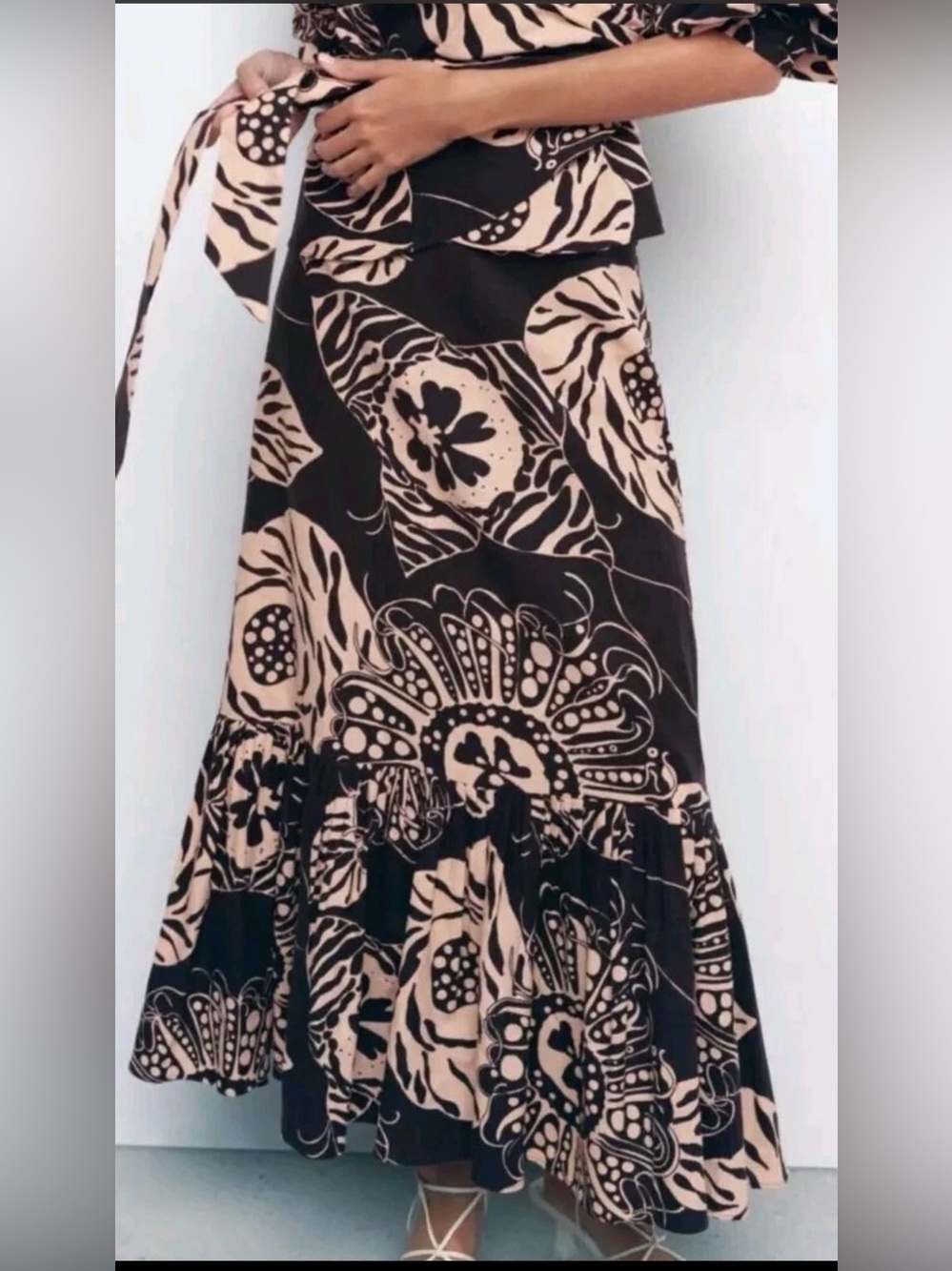 ZARA Linen-Blend Printed Long Skirt , size Small